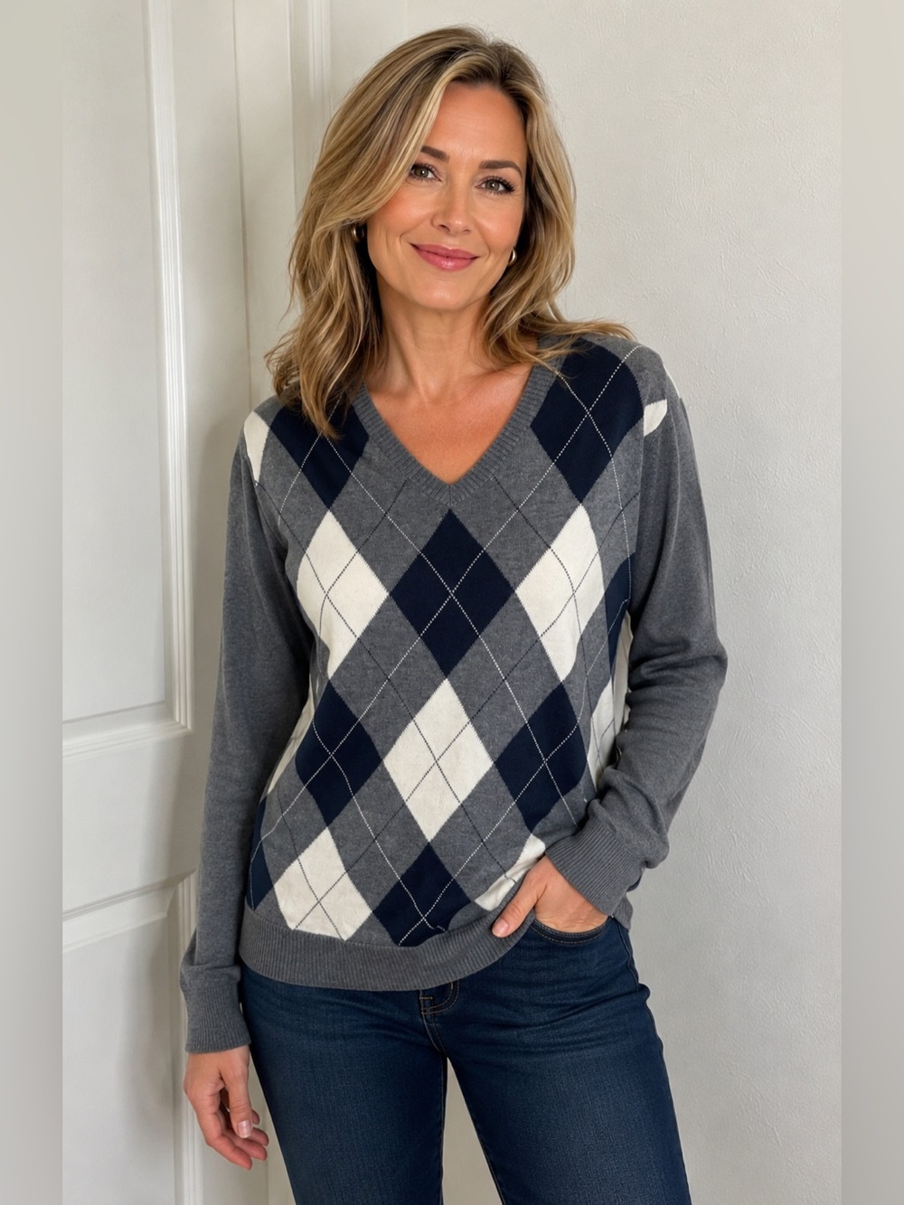 GAP woman’s Pullover sweater Size Small diagonal check V-neck. Casual.